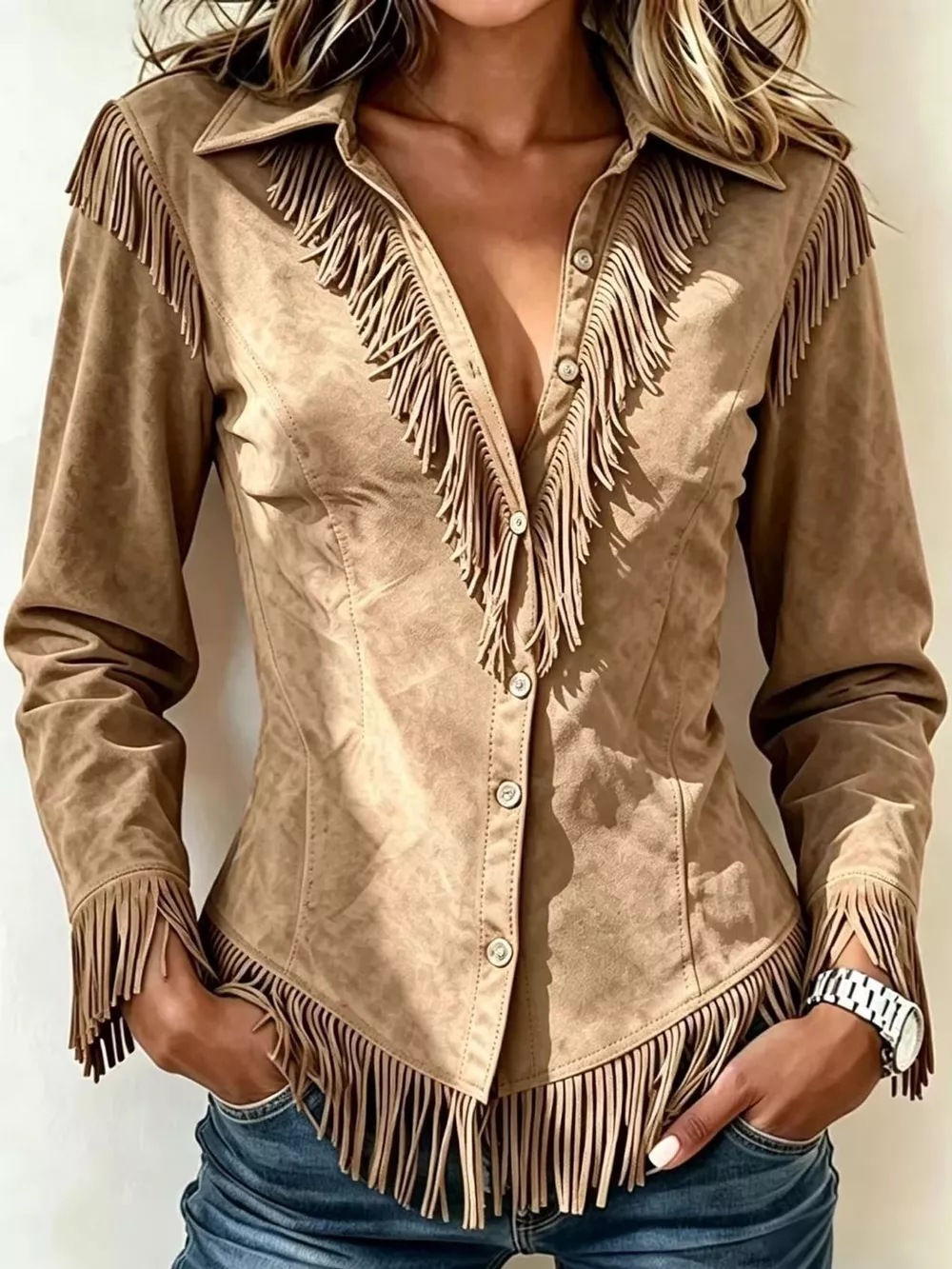 Full Size Fringed Button Up Shirt Plus Size, image 21
