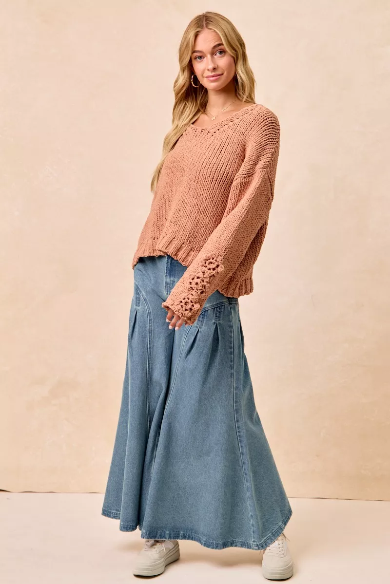 Chunky Knit Sweater with Flower Detail Sleeves, image 11