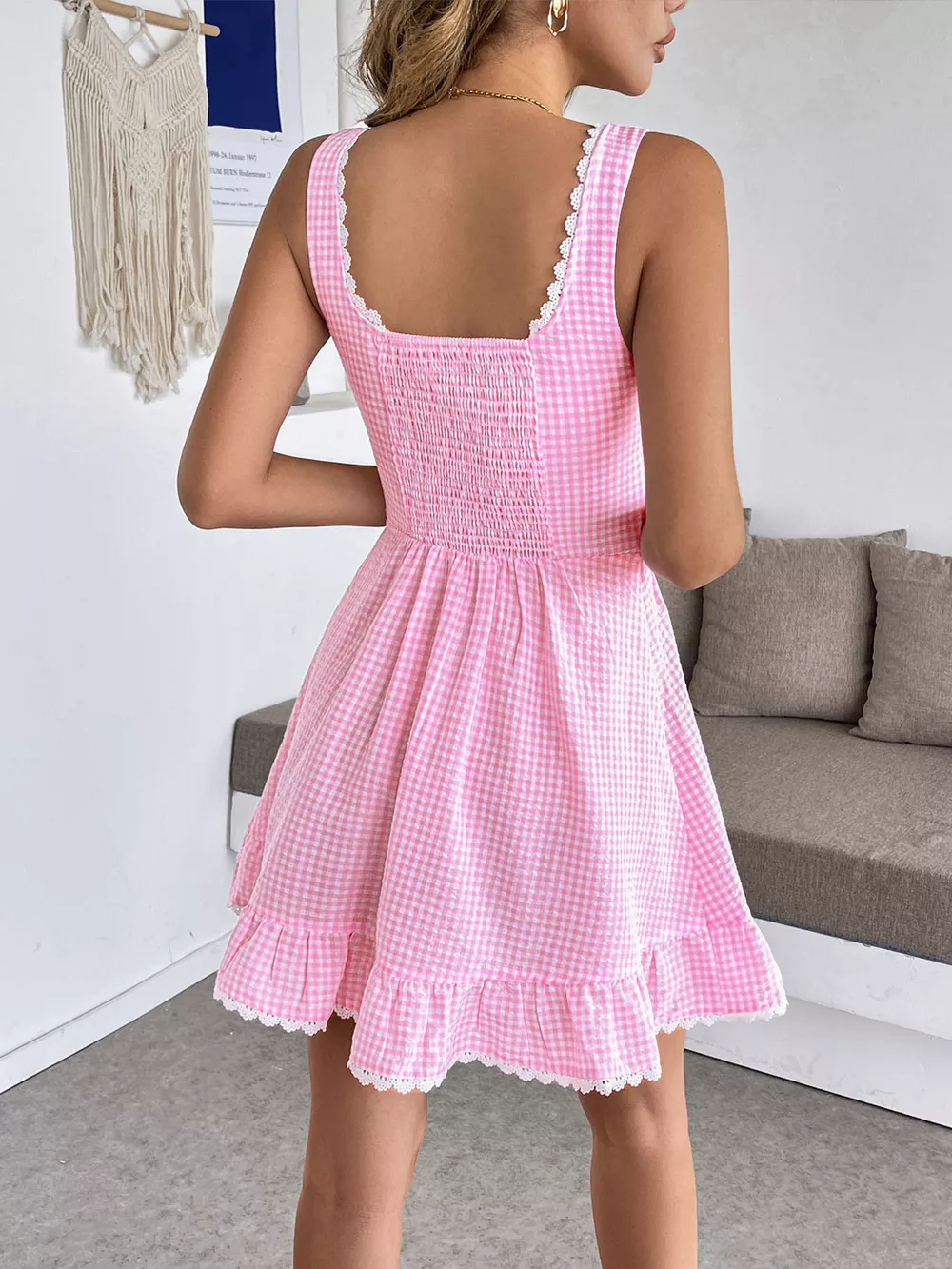 Gingham Lace Trim Mini Dress, image 9