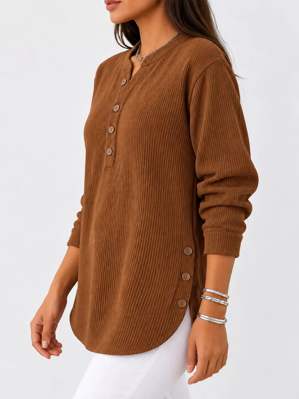 Full Size Button Detail Long Sleeve Top Plus Size, image 54