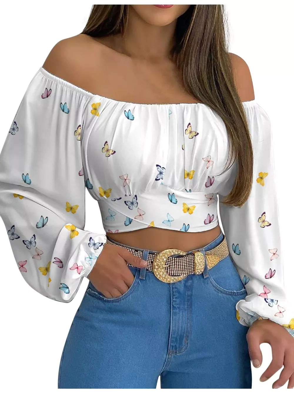 Off-Shoulder Long Sleeve Cropped Blouse, image 33