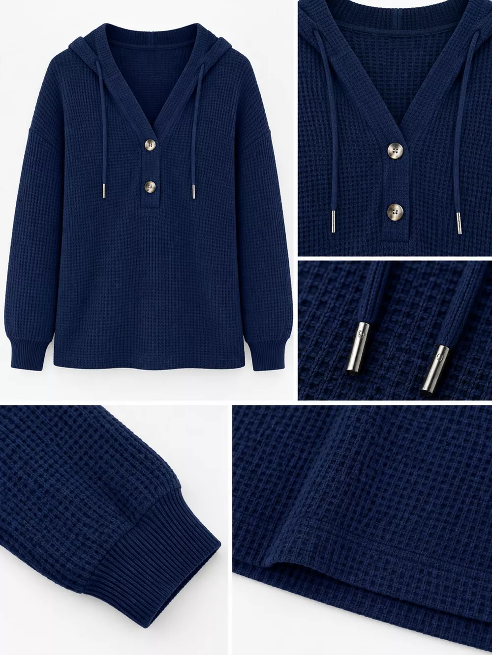 Full Size Waffle Knit Button Detail Hoodie Plus Size, image 23