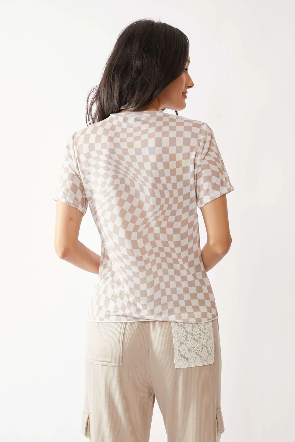Checker Board Printed Mesh Short Sleeve Top, image 3