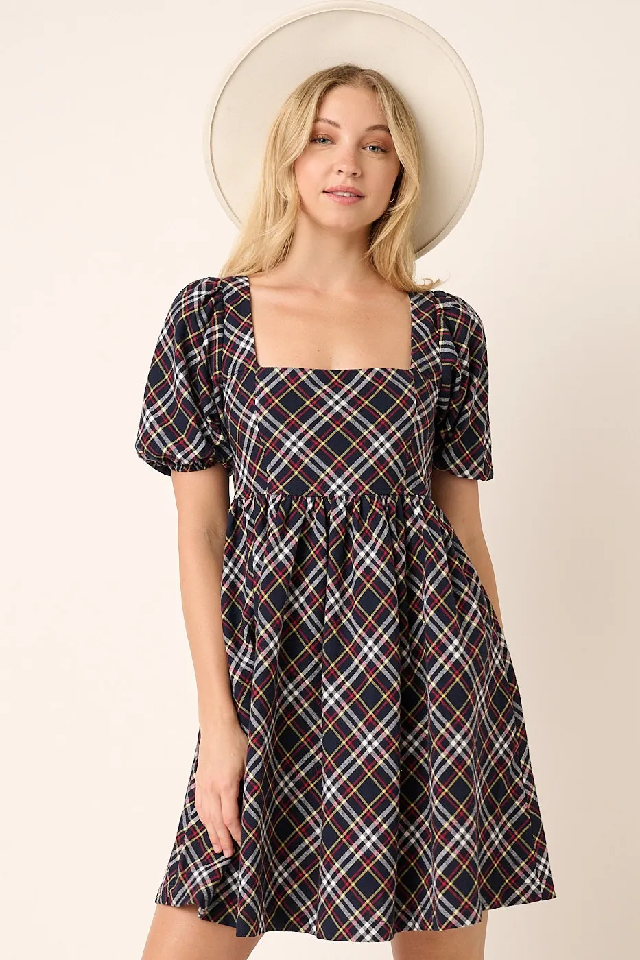 Checkered Print Puff Sleeve Babydoll Mini Dress, image 3