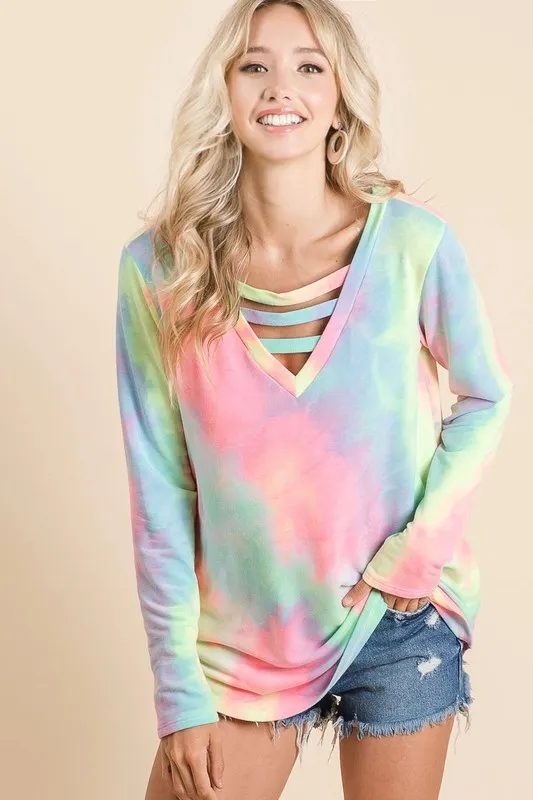 Tie Dye French Terry V-Neck Top with Strapped, image 4