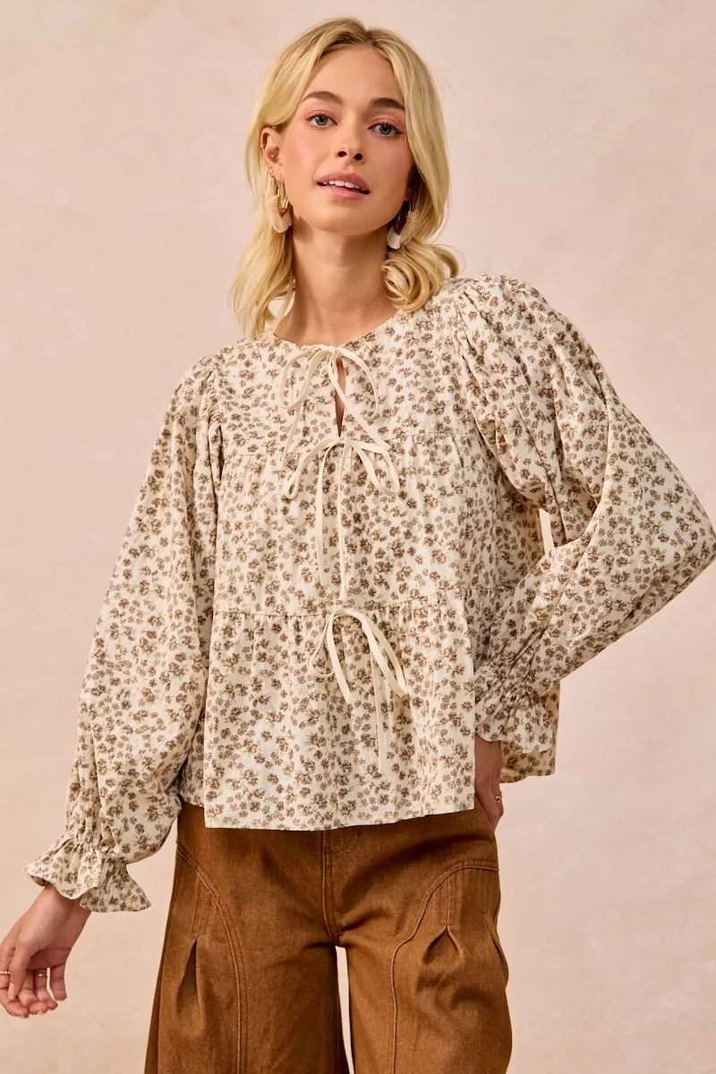 Floral Printed Peplum Blouse with Shirring and Tied, image 5