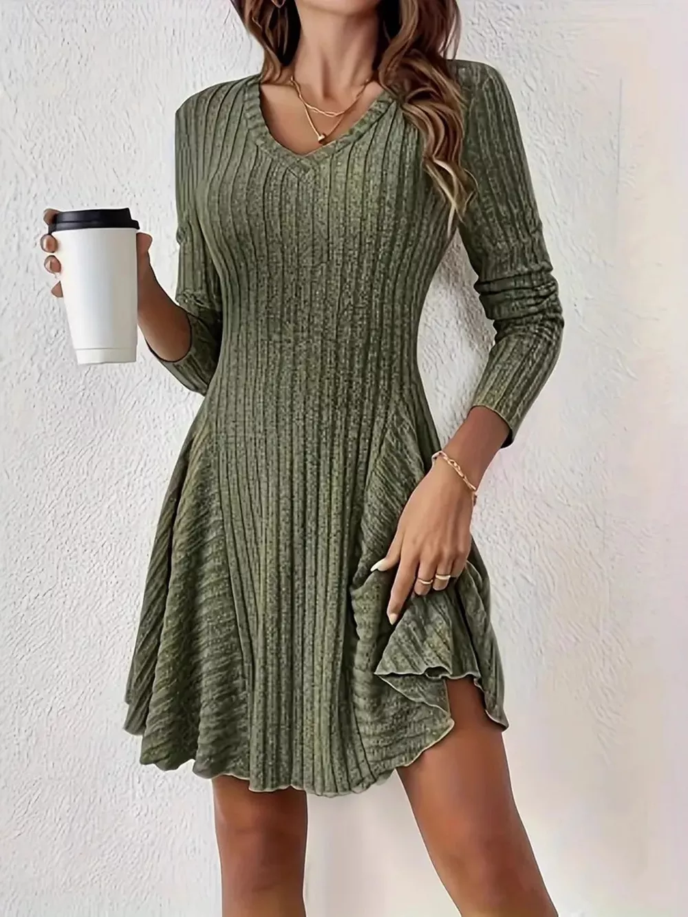 V-Neck Ribbed Knit A-Line Dress