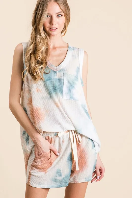 Tie Dye Textured Knit Top and Shorts Set