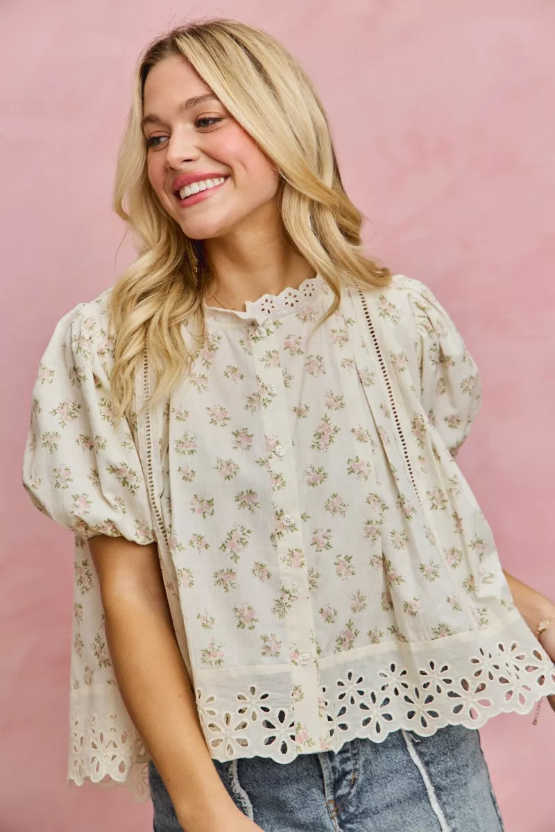 Floral Print Lace Trim Short Sleeves Blouse, image 11