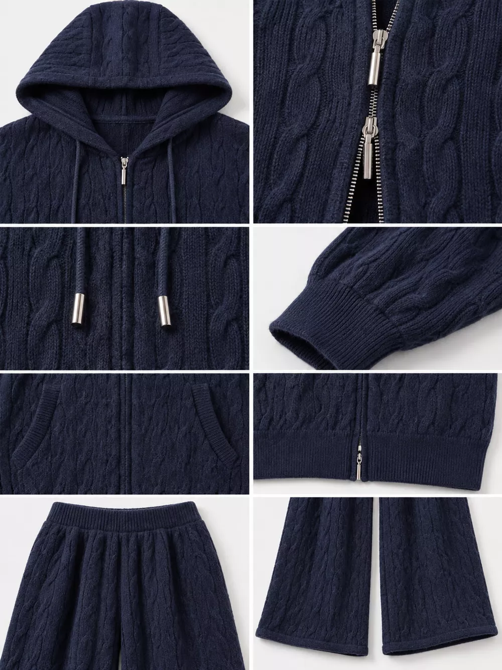 Cable Knit Zip-Up Hooded Cardigan and Wide-Leg Pants Sweater Set, image 19