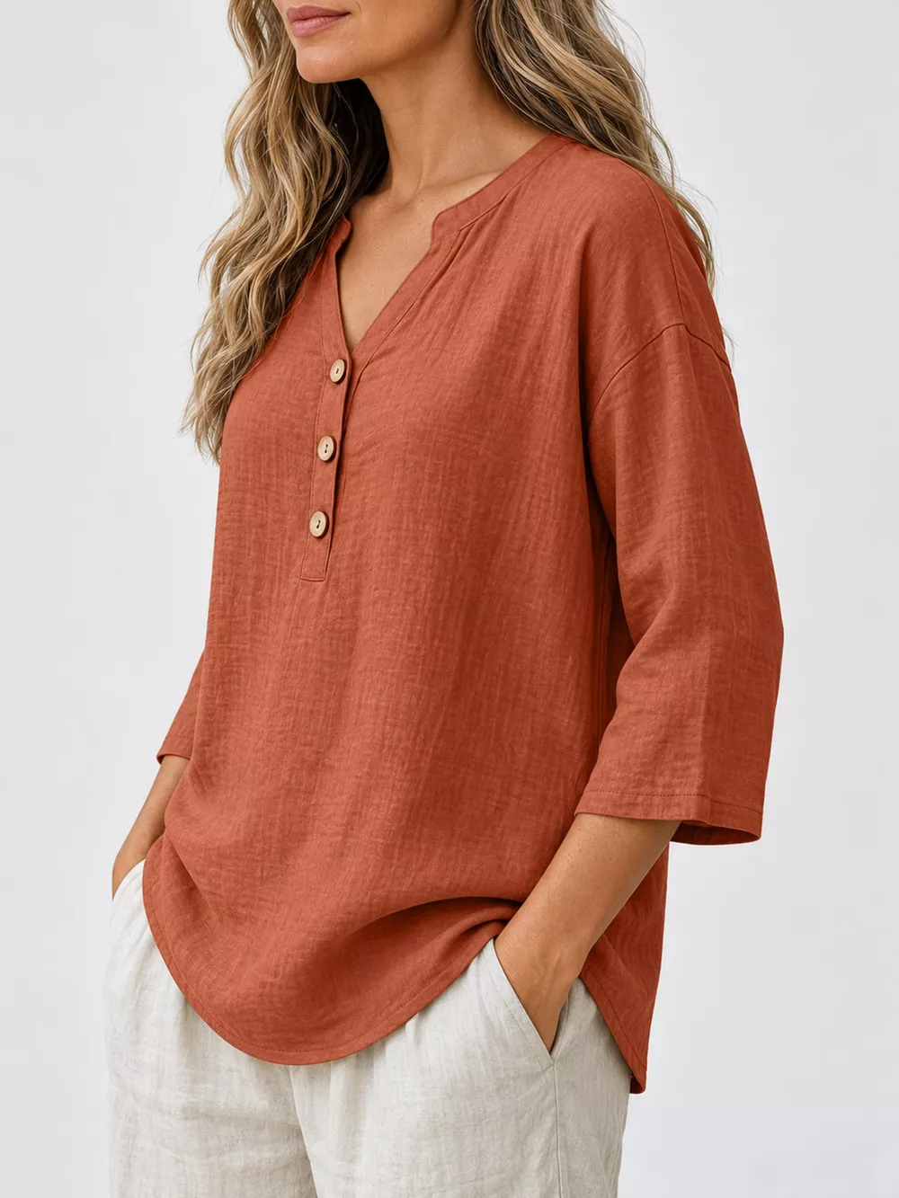 Full Size Button Detail Notched 3/4 Sleeve Blouse Plus Size, image 11