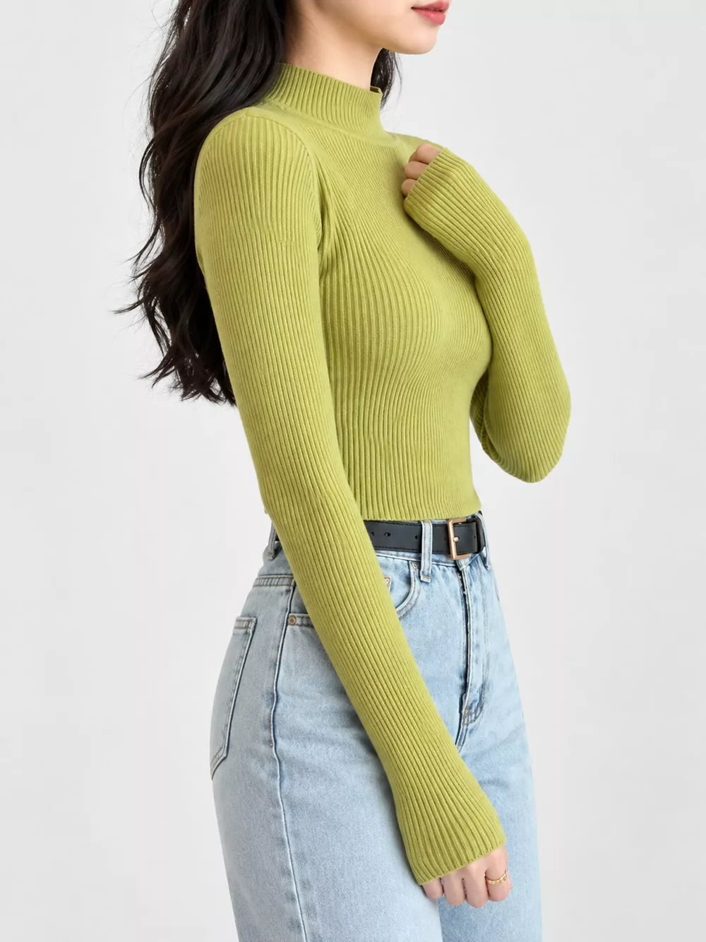 Elegant Slim-Fit Ribbed Mock Neck Knit Top, image 45