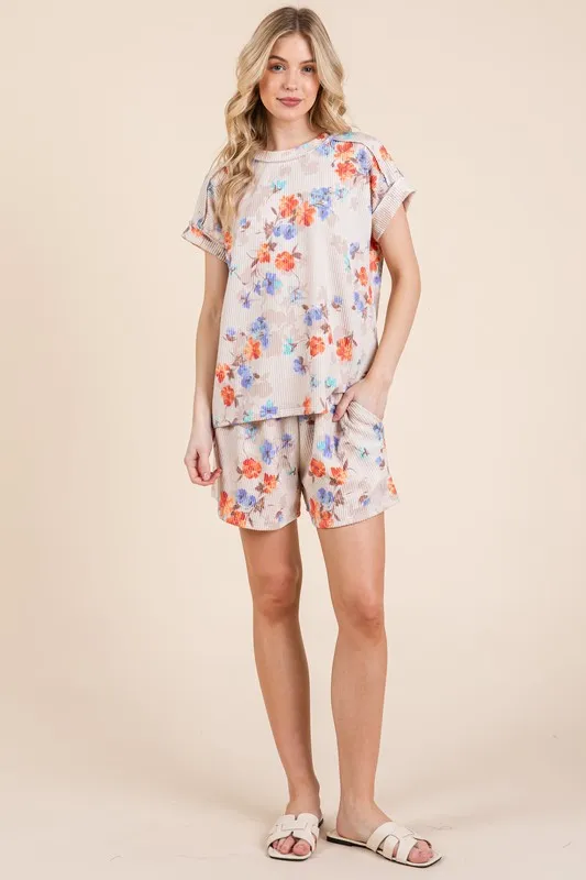 Floral Round Neck RIbbed T-Shirt, image 2