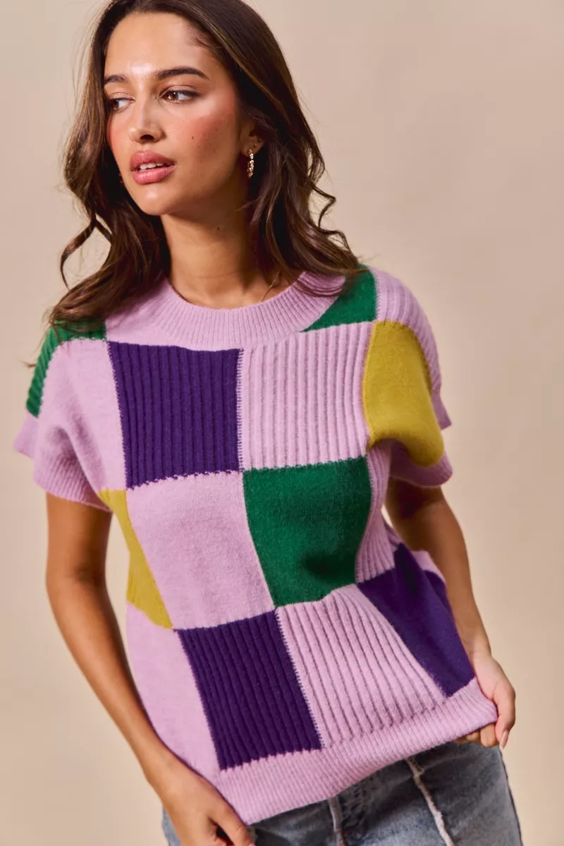 Mardi Gras Check Plaid Casual Sweater Top, image 11
