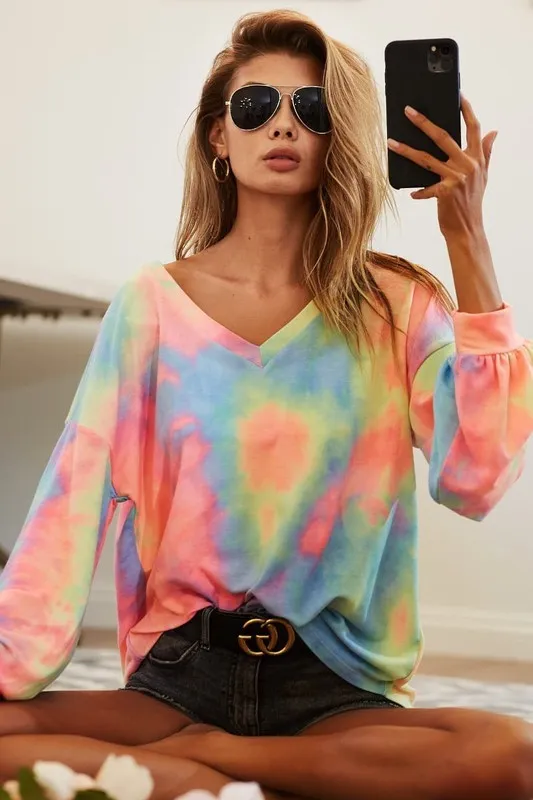 Tie Dye French Terry V Neck Top, image 3