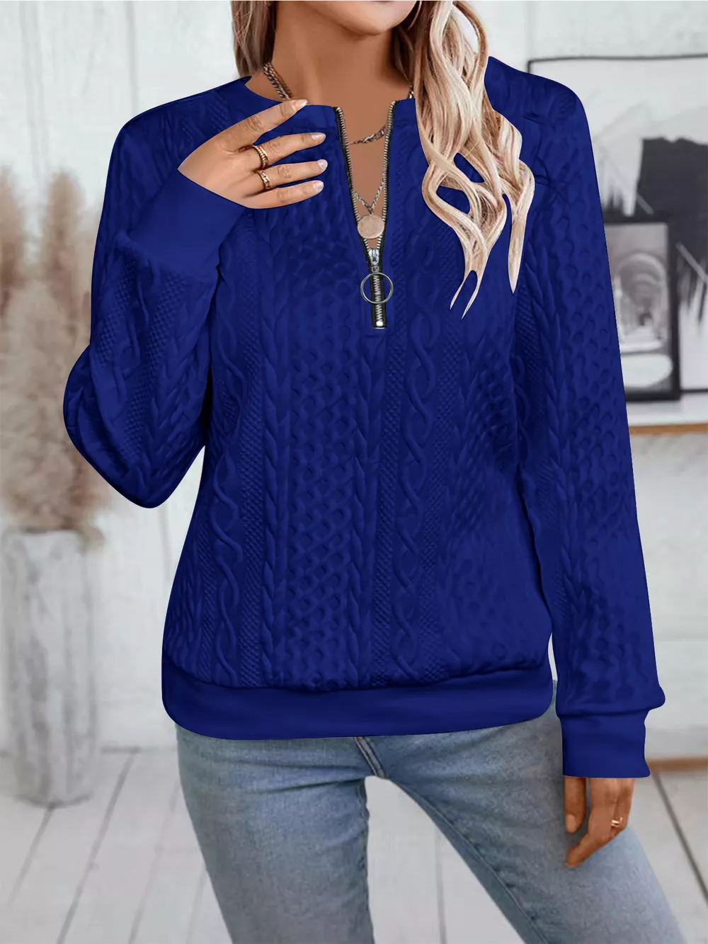 Chic Cable Texture Quarter-Zip Sweatshirt, image 6