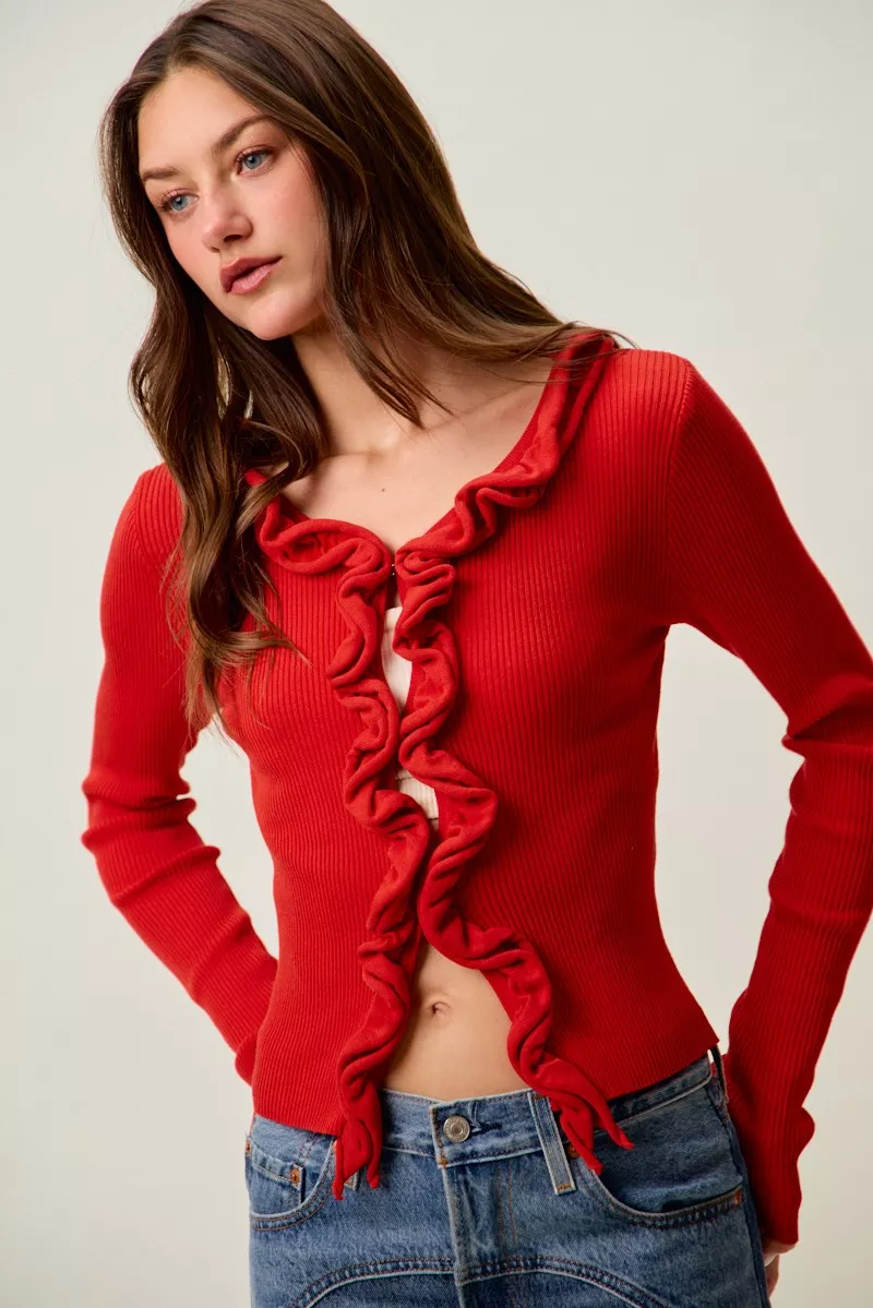 Cascade Ruffle Ribbed Sweater Cardgian, image 13
