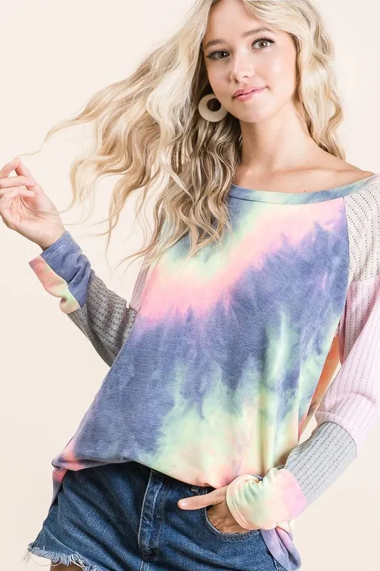 Tie Dye Terry Top With Color Block Pointelle Knit, image 3