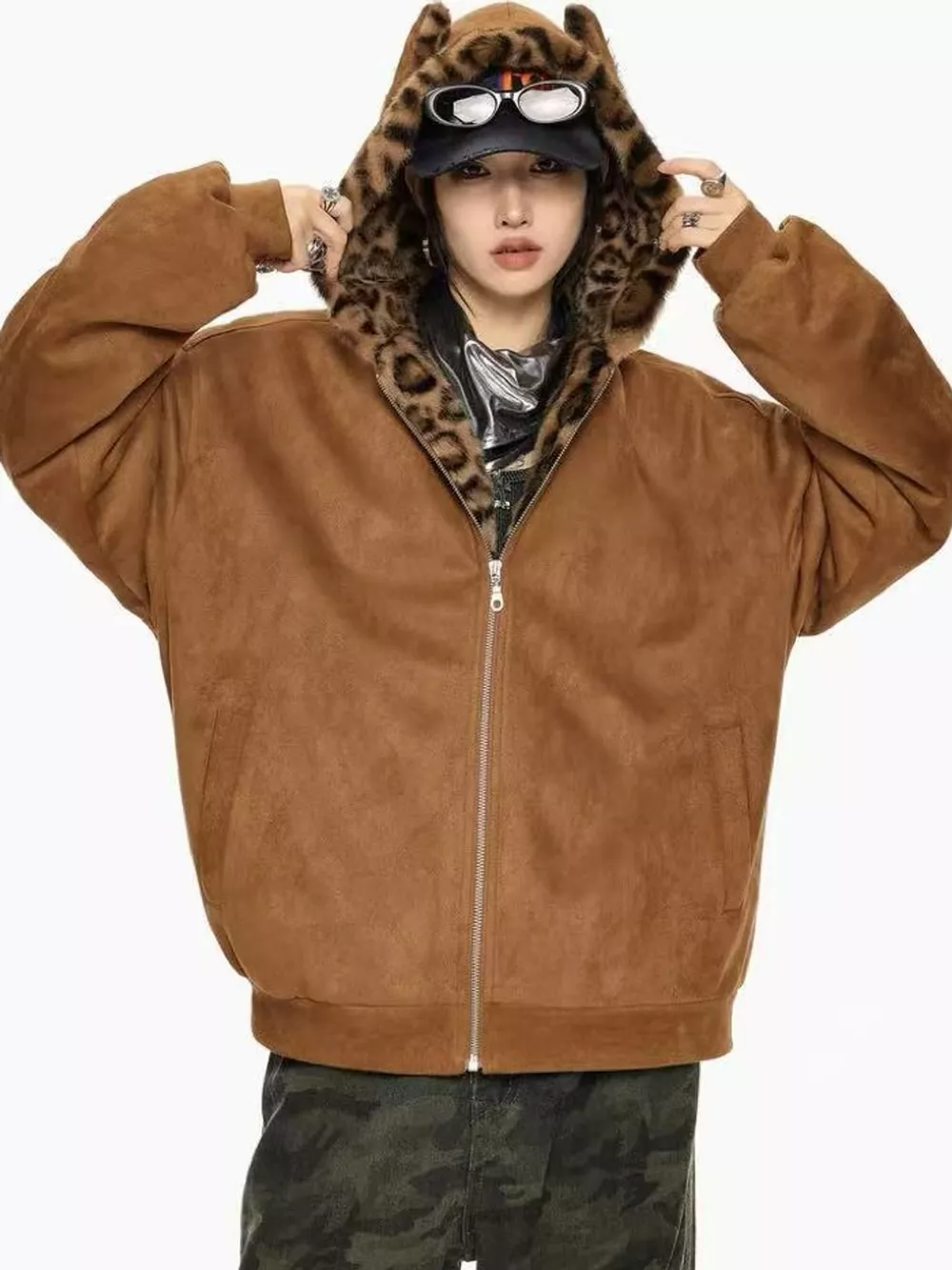 Leopard Faux Fur Lined Zip Up Jacket, image 2