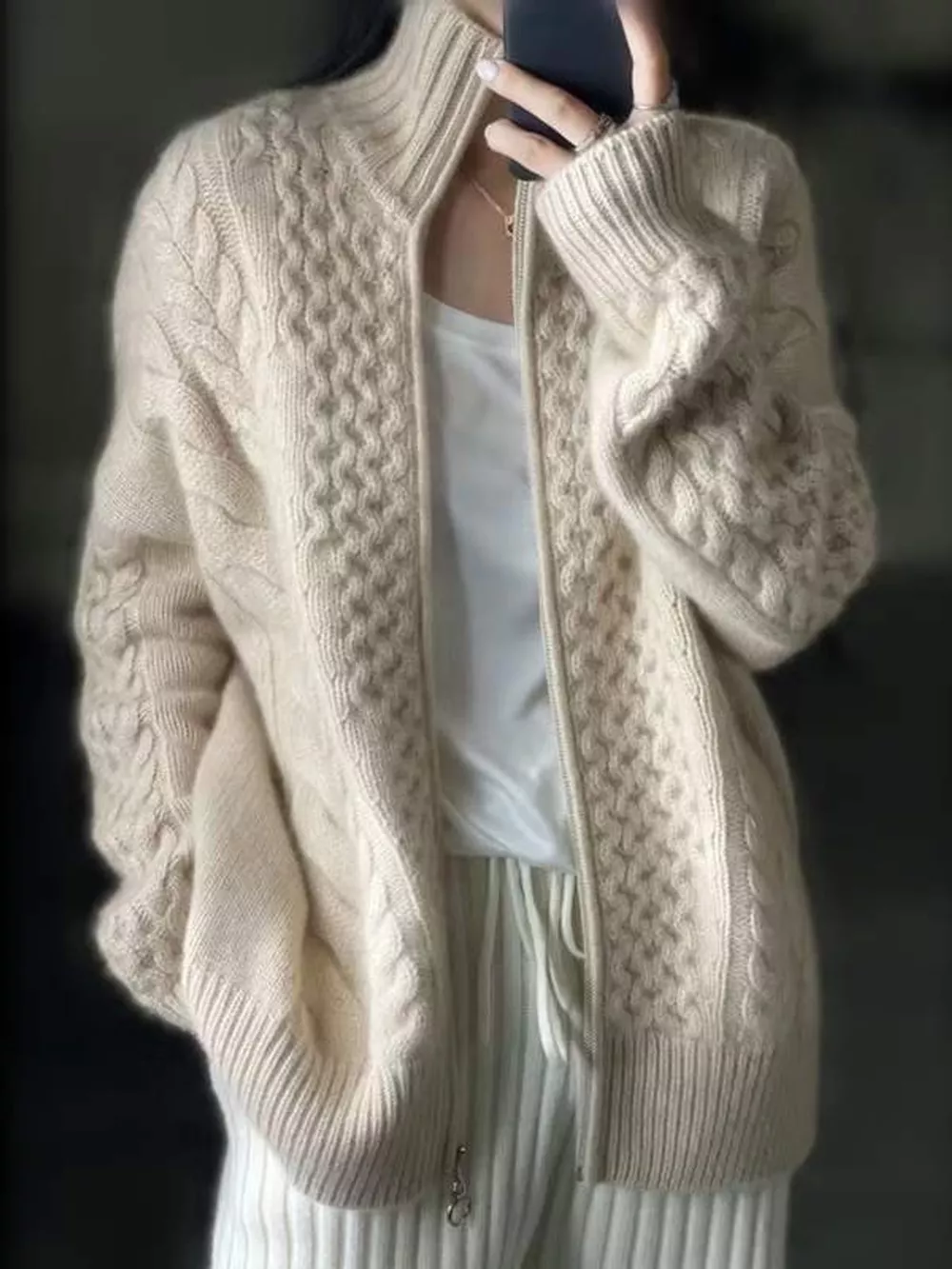 Full Size Cable-Knit Zip-Up Cardigan Plus Size