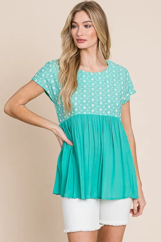 Full Size Embroidered Short Sleeve Pleated Babydoll Top Plus Size, image 5