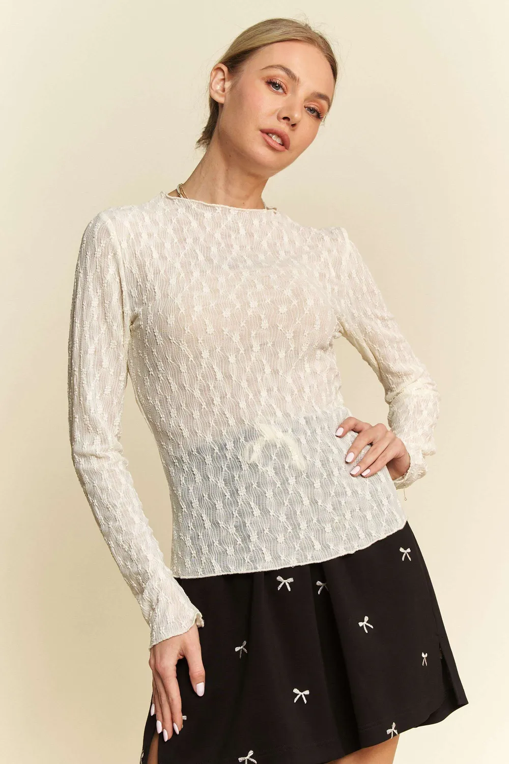 Long Sleeve Sheer Small Embroidered Bows Lace Top, image 2