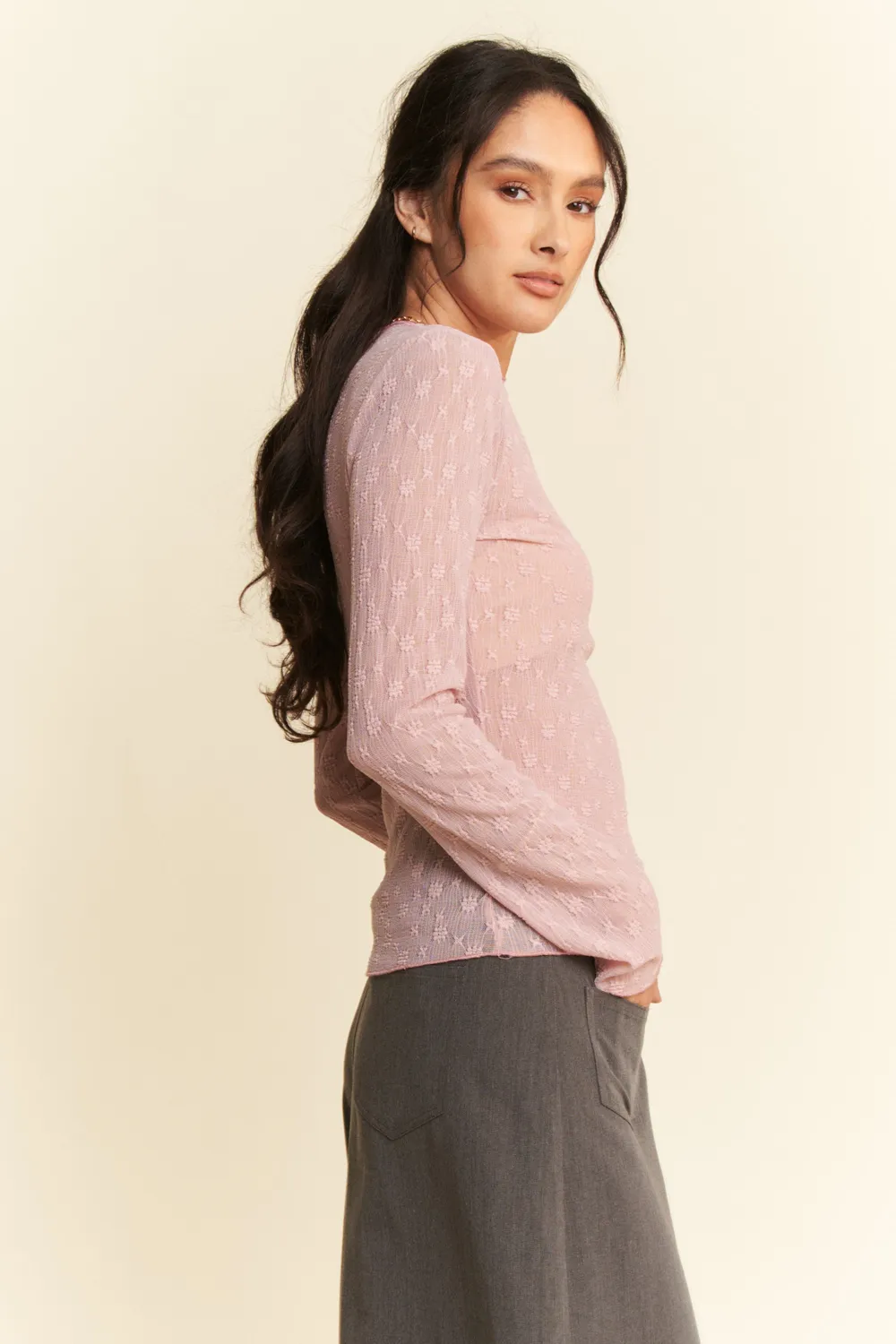 Long Sleeve Sheer Small Embroidered Bows Lace Top, image 2