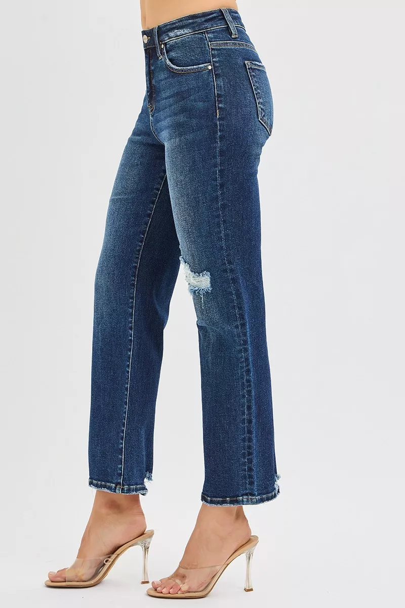 High Rise Crop Slim Straight Jenas with Hidden Knee Patch, image 5