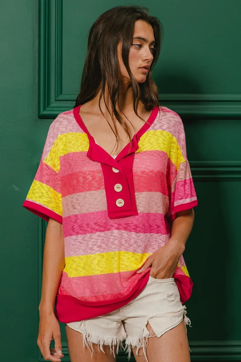 Multi Color Stripe Hacci Button Detail Ringer Top, image 3