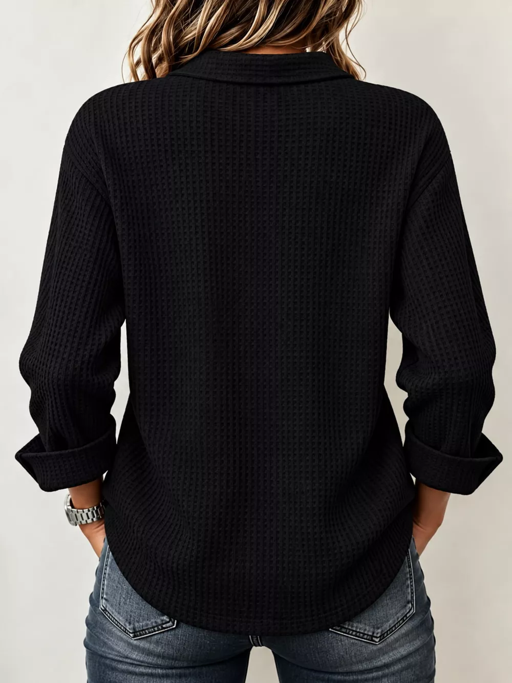 Full Size Waffle Knit Long Sleeve Polo Top Plus Size, image 18