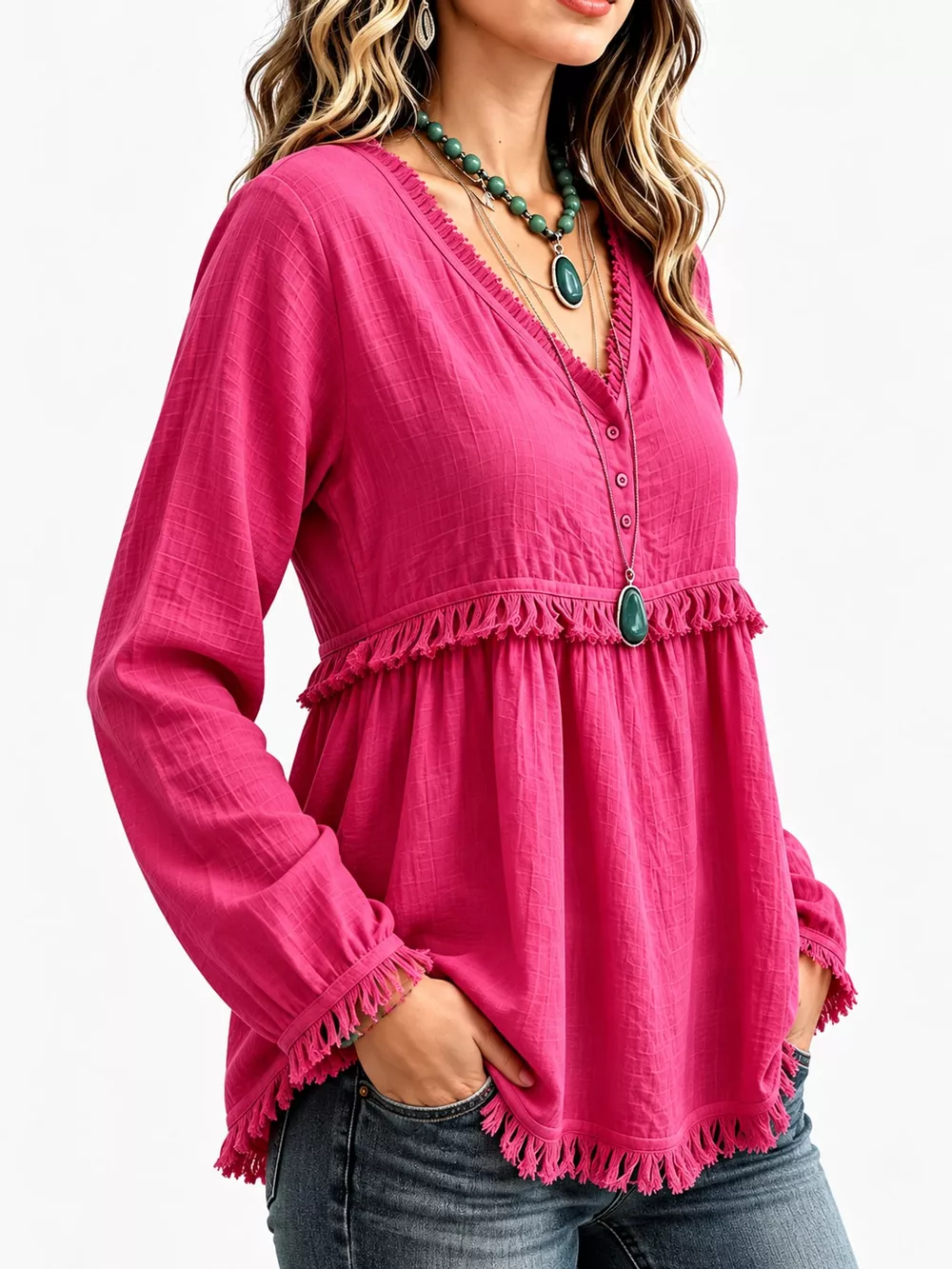 Full Size Fringed Trim V-Neck Long Sleeve Blouse Plus Size, image 40