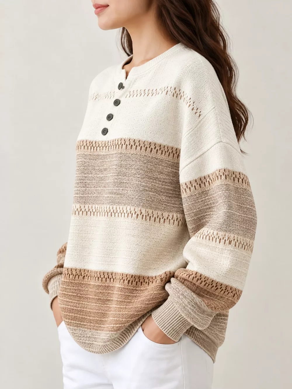 Full Size Color-Block Button Detail Sweatshirt Plus Size, image 5