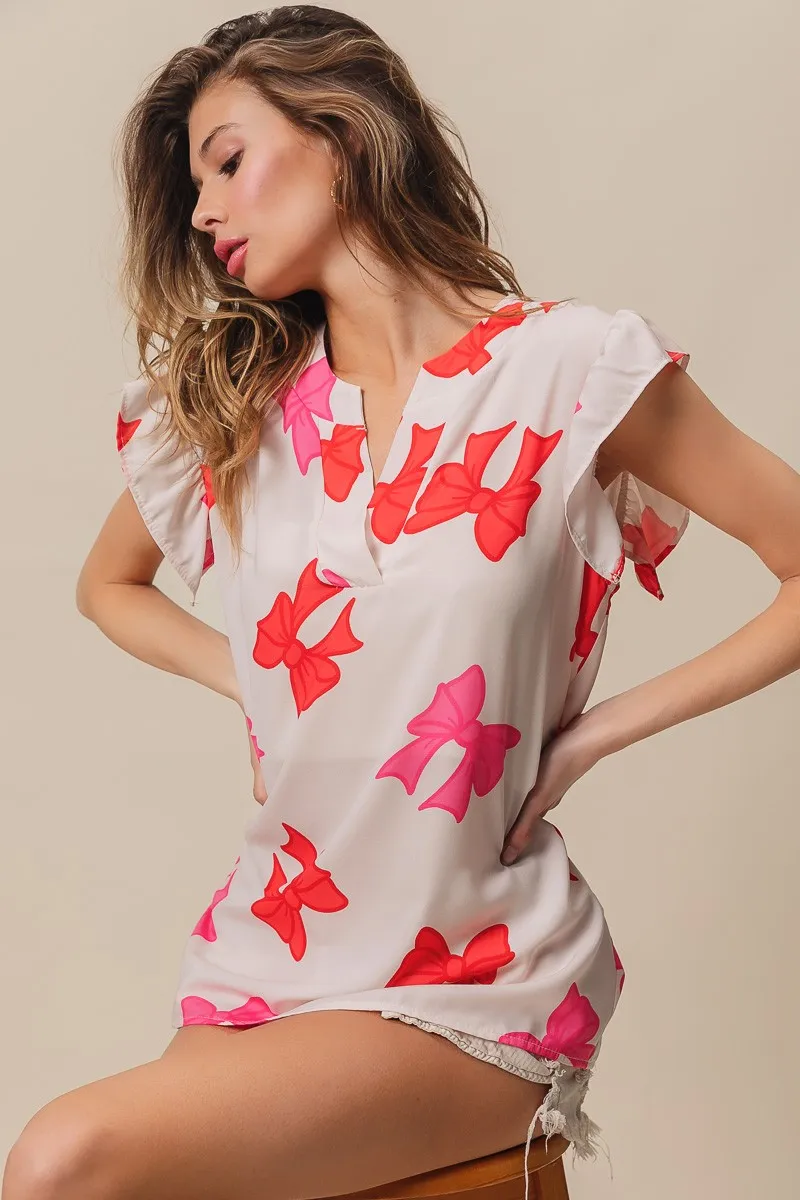 Bow Printed Woven Ruffled Sleeves V Neck Top, image 7