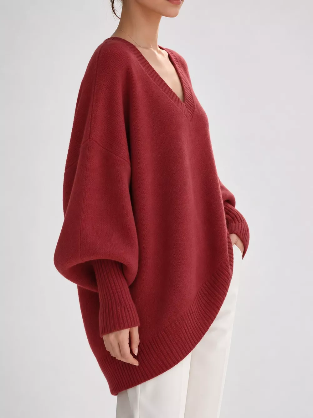Full Size V-Neck Oversized Batwing Sleeve Sweater Plus Size, image 2