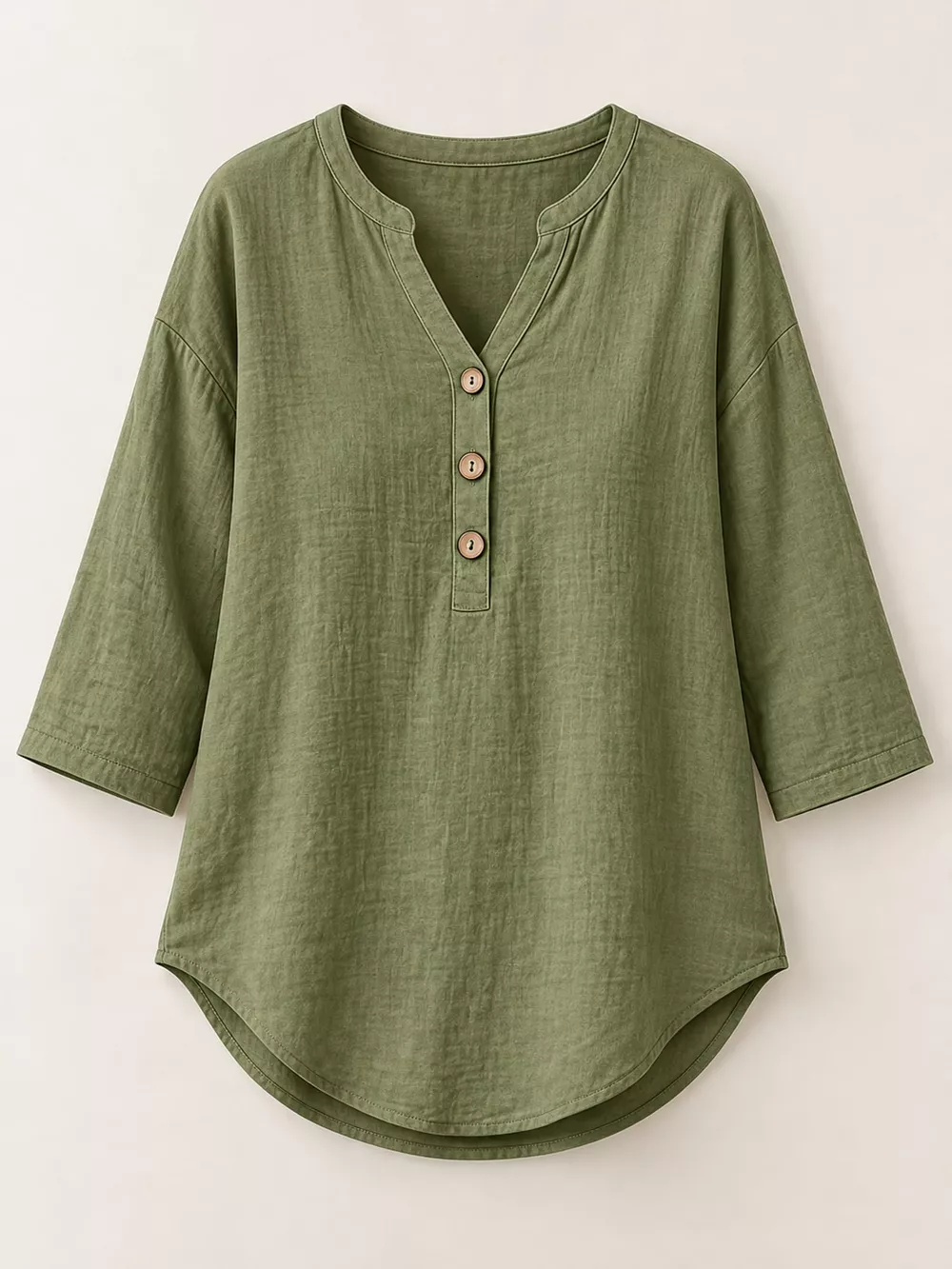 Full Size Button Detail Notched 3/4 Sleeve Blouse Plus Size, image 4