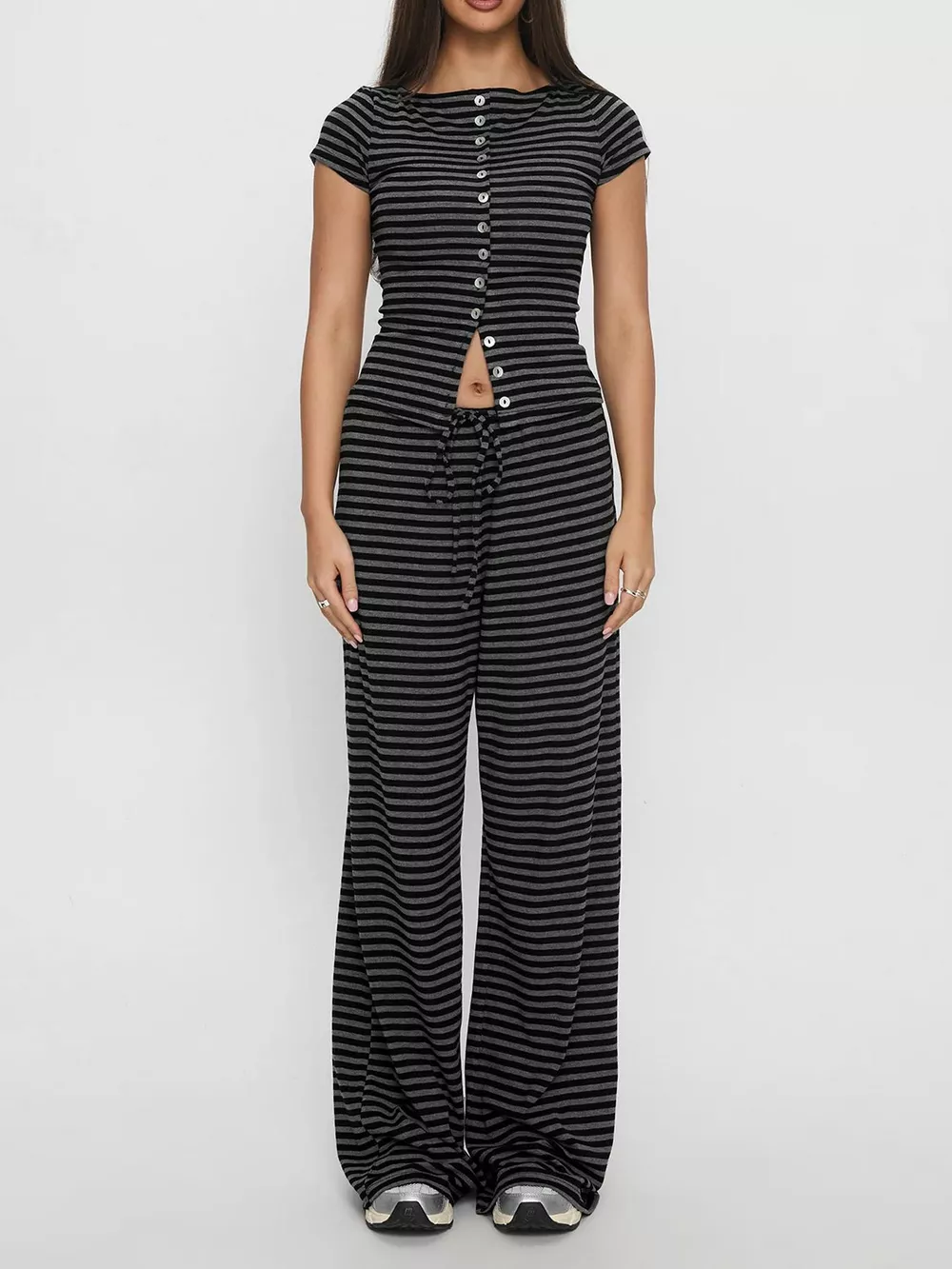 Striped Button-Down Top and Wide-Leg Pants Set