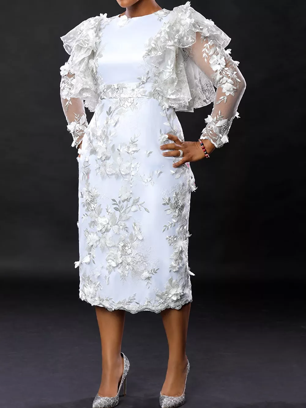 Plus Size Floral Embroidered Sheer Ruffle Sleeve Midi Dress
