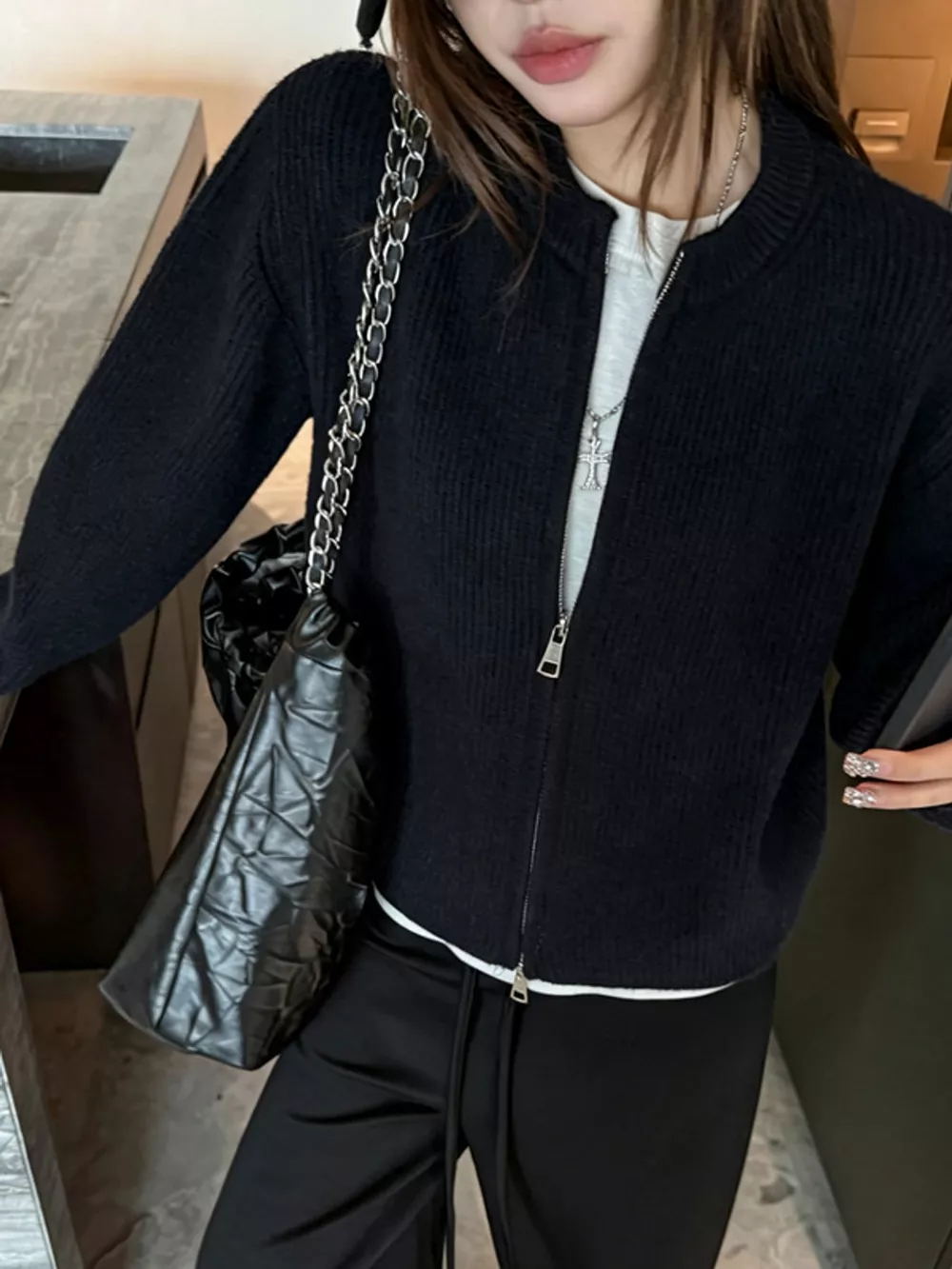 Zip Up Dropped Shoulder Cardigan