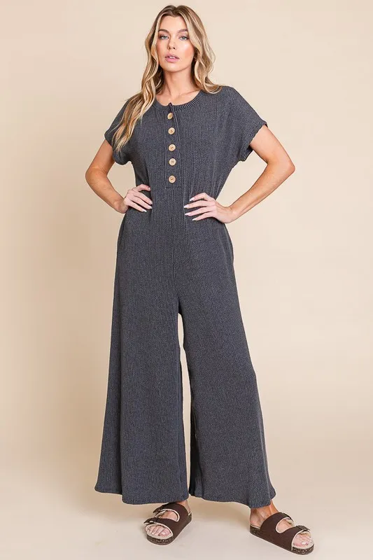 Rib Knit Jumpsuit with Button Detail, image 3