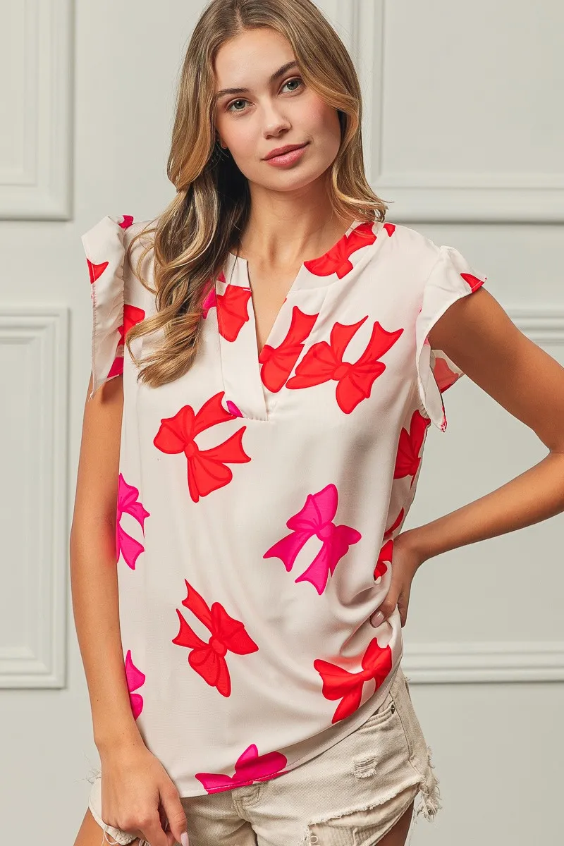 Bow Printed Woven Ruffled Sleeves V Neck Top, image 5