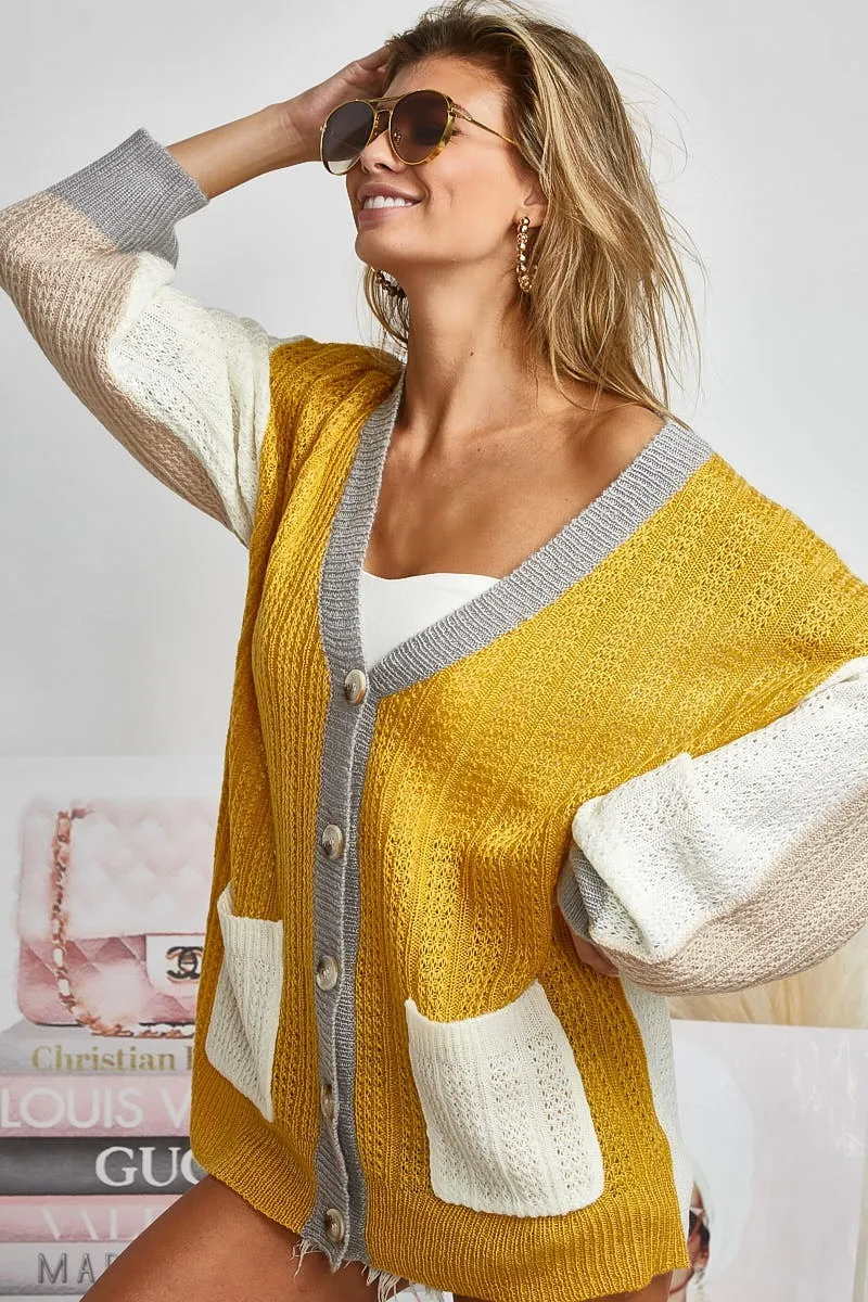 Color Block Sweater Cardigan with Button Closure, image 3