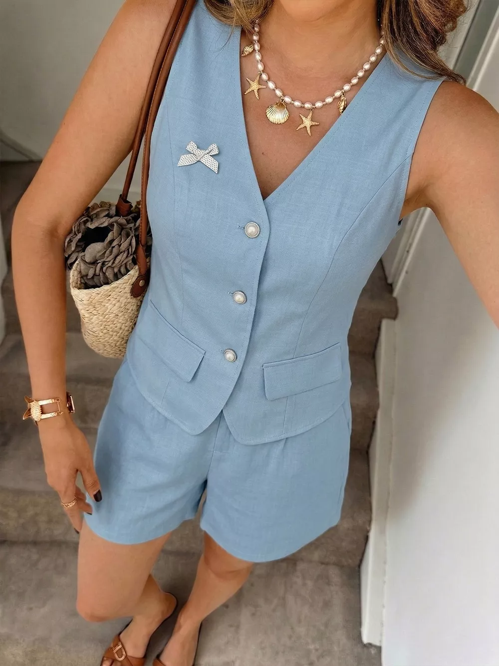 Button Up Vest & Shorts Two-Piece Set, image 2