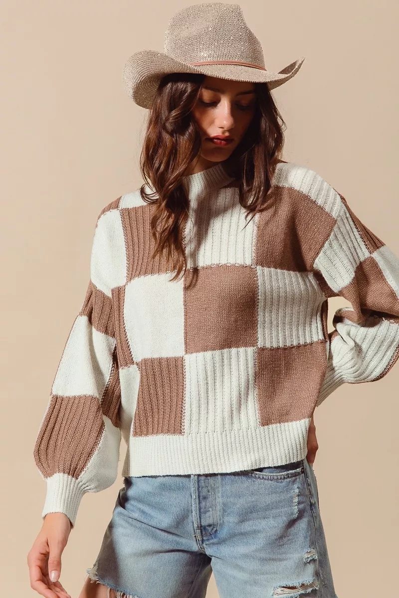 Ribbed Color Block Checkered Plaid Sweater, image 2