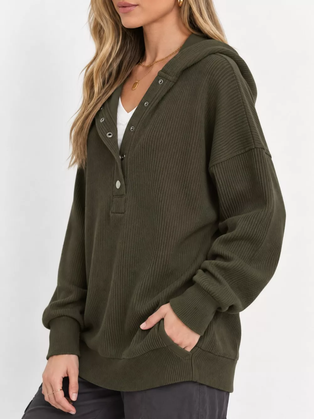 Full Size Snap Button Placket Dropped Shoulder Hoodie Plus Size, image 42