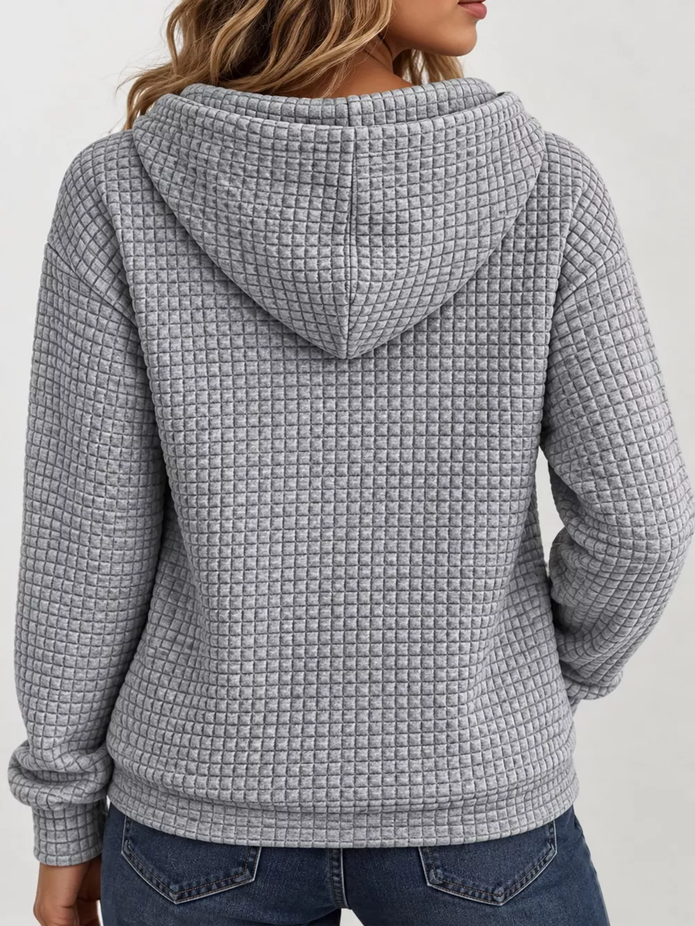 Waffle Knit Zip-Up Hoodie with Drawstring and Pockets, image 12