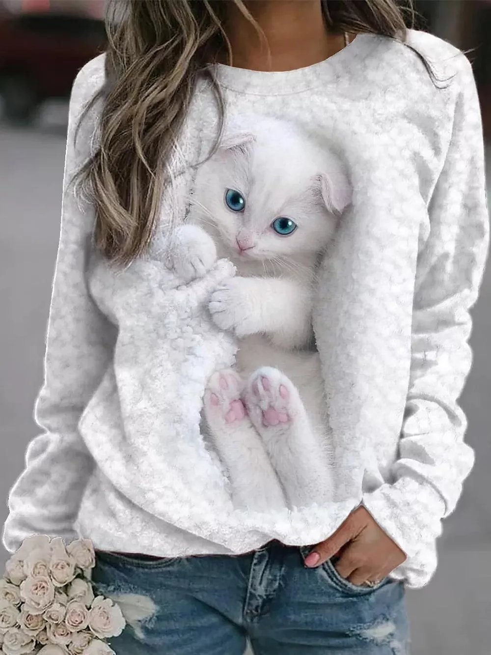 Full Size Cat Graphic Round Neck Top Plus Size, image 2