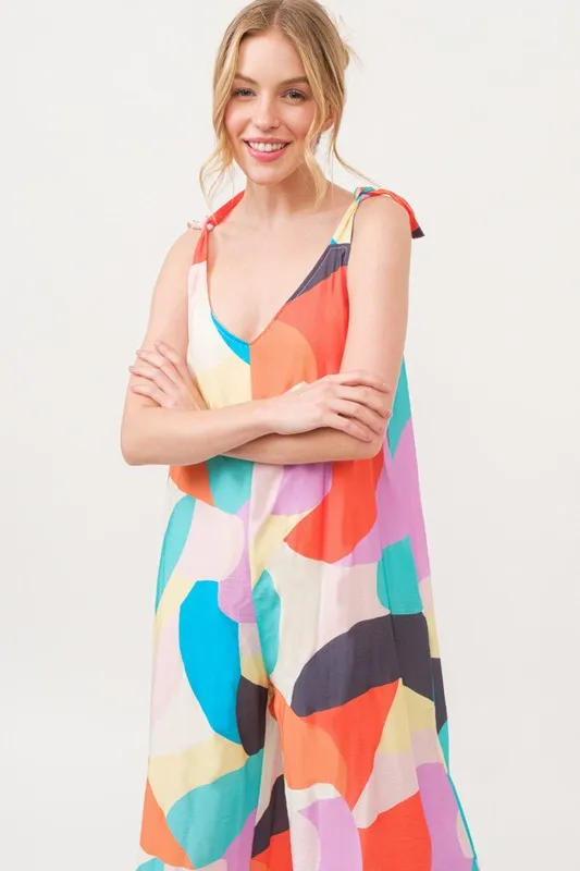 Tied Shoulder Straps Wide-Leg Geo Print Jumpsuit, image 4