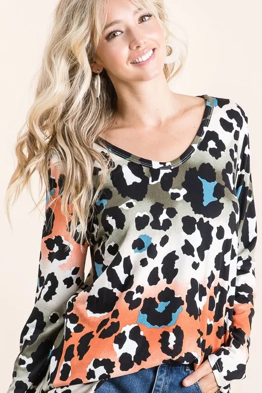Gradation Leopard Print Soft Knit Deep U Neck Top, image 5