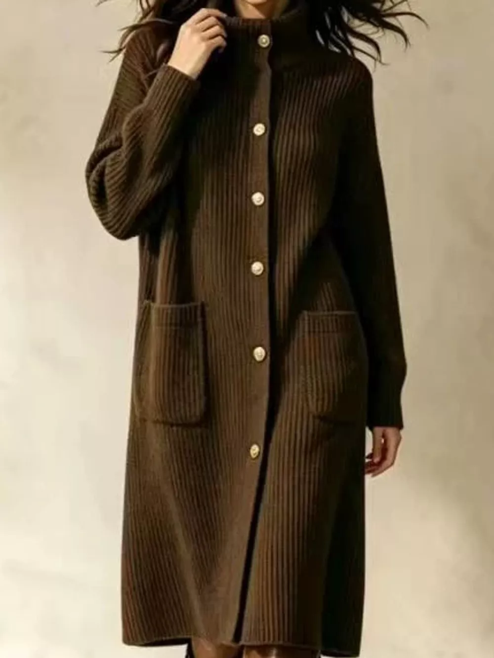 Ribbed Knit Turtleneck Button Up Longline Cardigan, image 2