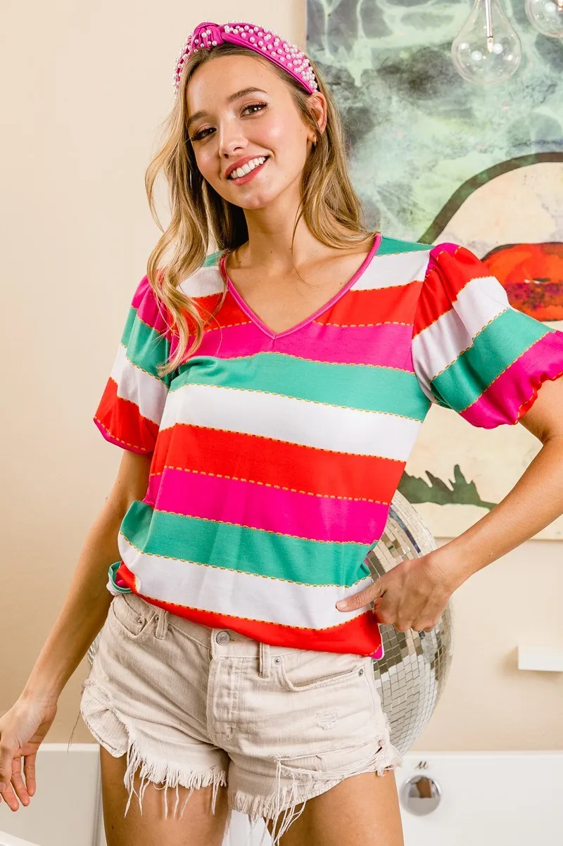 Multi Stripe Color Print Puff Sleeves V Neck Top, image 5